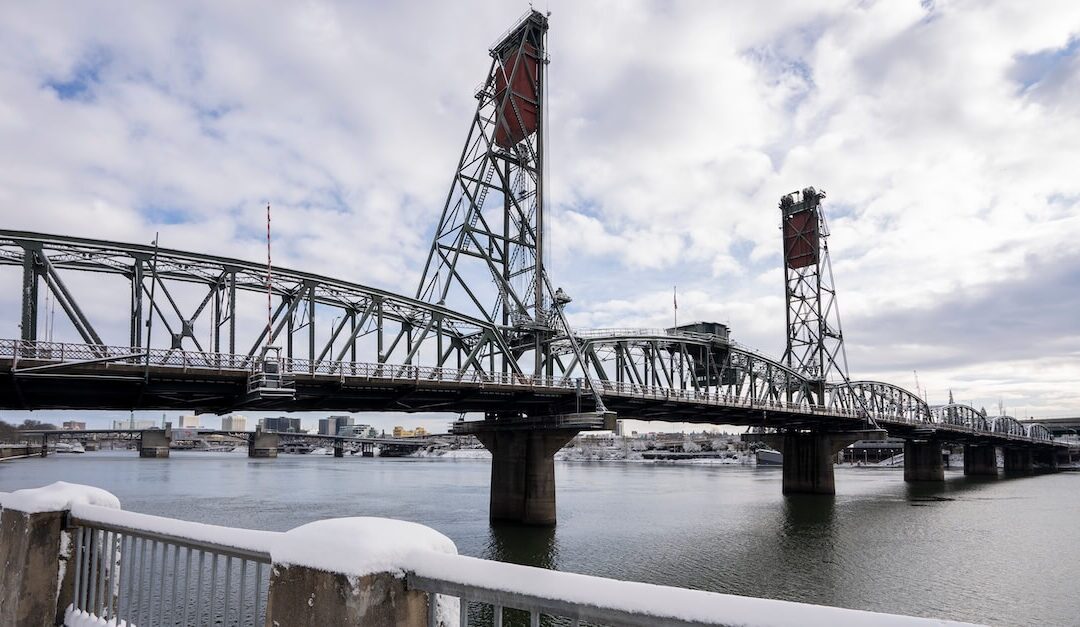 view of bridge in Portland during winter snow